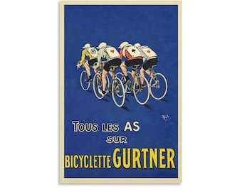ヴィンテージのGurtner自転車ポスタープリント、「Tous les As sur Bicyclette Gurtner」レトロなサイクリングアート、青と黄色の壁飾り