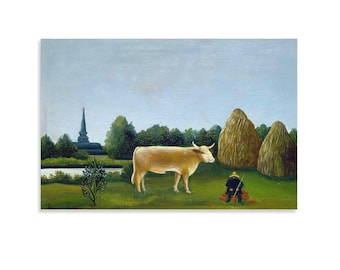 アンリ・ルソーの牛のプリントのある風景画、素朴派の牧歌的な絵画ポスター、風変わりな農場の壁掛けアート