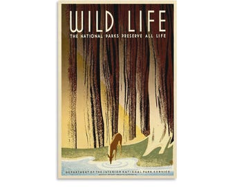 Vintage National Park Service "Wild Life" WPA Poster Print, Retro Deer and Forest Art, Earth Tone Wall Decor