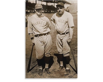 Pôster fotográfico vintage de Babe Ruth e Lou Gehrig, com foto dos New York Yankees, arte de parede com lendas do beisebol.