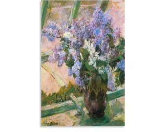 メアリー・カサット作「窓辺のライラック」プリント、印象派風の花の静物画ポスター、柔らかなパステル調の花柄ウォールアート