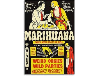Vintage "Marihuana - Weed With Roots in Hell" Anti-Drug Propaganda Poster Print, Retro B-Movie Style Art, Black Yellow and Red Wall Decor