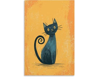 レトロな黒猫プリント、ヴィンテージスタイルの猫アートポスター、オレンジとティールのミニマルなウォールアート