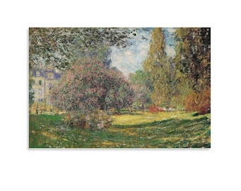 クロード・モネ作「モンソー公園」プリント、印象派パリ庭園絵画ポスター、柔らかな緑とピンクのウォールアート