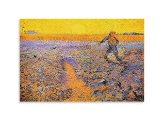 フィンセント・ファン・ゴッホ「夕暮れの種まく人」プリント、ゴッホ「畑の農夫」絵画ポスター、鮮やかな黄色と青の壁掛けアート