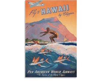 Vintage Pan American "Fly to Hawaii by Clipper" Travel Poster Print, Retro Surf and Airline Art, Orange and Blue Wall Decor