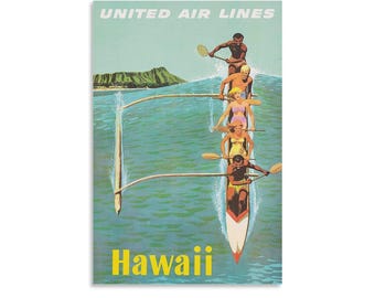 ビンテージ ユナイテッド航空 ハワイ旅行ポスタープリント、レトロなアウトリガーカヌーアート、ターコイズとイエローの壁飾り