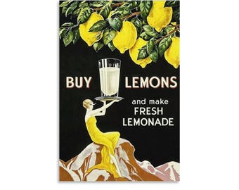 Vintage "Buy Lemons and Make Fresh Lemonade" Poster Print, Retro Art Deco Flapper Art, Black and Yellow Wall Decor