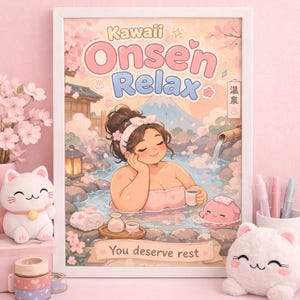 Può includere: Una stampa incorniciata con le parole "Kawaii Onsen Relax" raffigura una donna che si rilassa in una sorgente termale. L'illustrazione presenta uno schema di colori rosa, fiori di ciliegio e una simpatica creatura rosa nell'acqua. Il testo "You deserve rest" è in basso.