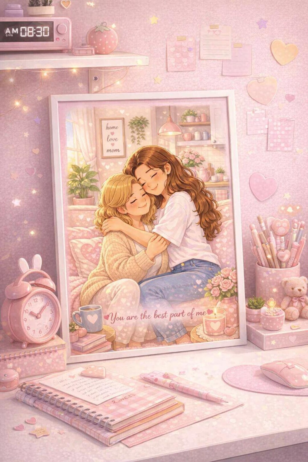 Mother and Daughter Art Print – Pastel Family Love Illustration, Cozy ...