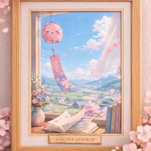 Può includere: Un'opera d'arte incorniciata con un paesaggio sereno con una campanella a forma di gatto, fiori di ciliegio e libri aperti. La scena è incorniciata da un bordo in legno, con il testo "SAKURA MOCKUP" in basso.