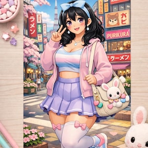 Può includere: Illustrazione in stile anime di una giovane persona con una felpa con cappuccio rosa, una gonna blu e calzini bianchi con fiocchi rosa. La persona tiene in mano una borsa con un design a coniglietto. Lo sfondo mostra una scena di strada con testo giapponese.
