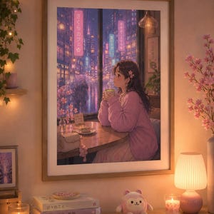 Può includere: Una stampa artistica da parete incorniciata che raffigura una persona con un maglione rosa seduta al tavolo di un bar vicino a una finestra, mentre tiene in mano una bevanda verde. La scena mostra una strada cittadina piovosa di notte con insegne.