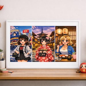 Può includere: Una stampa artistica incorniciata a trittico con tre illustrazioni in stile anime di donne in Giappone. Le scene raffigurano una strada cittadina, un kimono e un ristorante di sushi. La stampa è su un tavolo di legno con oggetti decorativi.