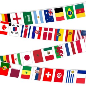 May include: A string of colorful flag banners, each representing a different country. The flags are rectangular and feature various designs, including stars, crosses, and geometric patterns. The flags are strung together on a white string.
