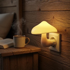 Könnte beinhalten: Ein pilzförmiges Nachtlicht, das in eine Steckdose gesteckt ist. Das cremefarbene Licht strahlt ein warmes Licht aus. Es ist an einer Holzwand befestigt, neben einem kleinen Holztisch mit einer Tasse und einem Buch.