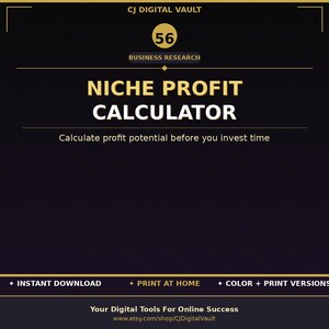 May include: A digital product graphic with a dark background and gold accents. The text reads "Niche Profit Calculator" with the tagline "Calculate profit potential before you invest time." Additional text includes "Instant Download" and "Print at Home."