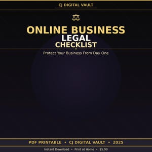 Op de afbeelding: Een digitale afbeelding met de tekst "ONLINE BUSINESS LEGAL CHECKLIST" in gouden letters. De afbeelding bevat de tekst "Protect Your Business From Day One" en "PDF PRINTABLE" op een donkerblauwe achtergrond.