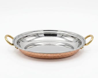 Hammered Copper Oval Serving Dish with Brass Handles and Stainless Steel Interior
