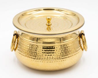 Handcrafted Brass Cooking Pot with Lid | Traditional Serving Dish