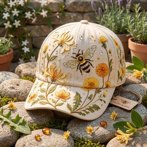 Broderad trädgårdsmorgonkeps för kvinnor 2026 Limited Edition justerbar basebollkeps med broderad hatt med honungsbi och vildblomma i botanisk stil