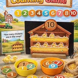 ニワトリを数えるゲーム（印刷可能）｜農場の算数アクティビティ｜幼児向け1～10の数え方