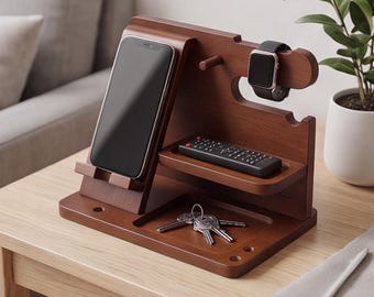 Personalized Wooden Phone Stand, Custom Desk Organizer, Engraved Wood Docking Station, Office Desk Accessory, Gift For Him