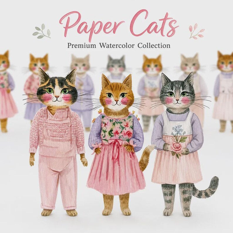 K&ouml;nnte beinhalten: Eine Sammlung von Aquarellillustrationen mit anthropomorphen Katzen in Kleidung. Der Text Paper Cats Premium Watercolor Collection steht oben. Die Katzen tragen rosa Latzhosen, gebl&uuml;mte Kleider und R&ouml;cke.