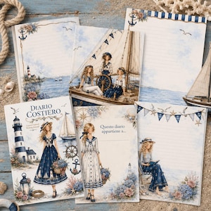 May include: A collection of stationery featuring nautical illustrations of lighthouses, sailboats, and figures in maritime attire. The pages include lined paper with blue and white themes, floral accents, and text including Diario Costiero and Questo diario appartiene a.