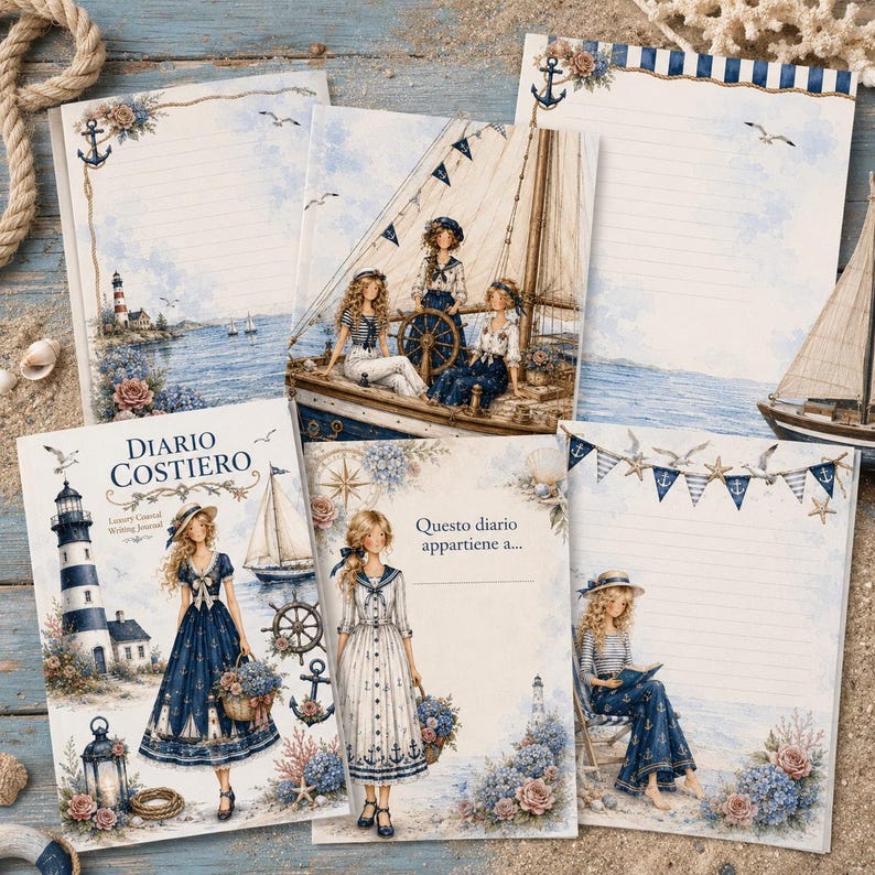 May include: A collection of stationery featuring nautical illustrations of lighthouses, sailboats, and figures in maritime attire. The pages include lined paper with blue and white themes, floral accents, and text including Diario Costiero and Questo diario appartiene a.