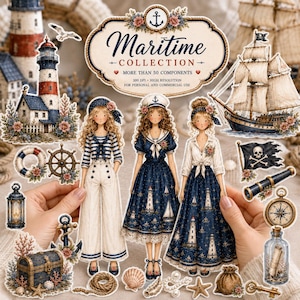 Puede incluir: Un conjunto de pegatinas digitales titulado Maritime Collection que presenta ilustraciones de tres figuras con atuendo náutico, un faro, un velero, un cofre del tesoro, una brújula, un telescopio, una linterna, una bandera pirata y elementos marinos.