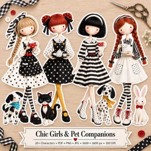 Pode incluir: Um conjunto de ilustrações digitais apresentando quatro bonecas estilizadas com penteados e roupas distintos, acompanhadas por quatro pequenos animais, incluindo um cão, um gato, um dálmata e um coelho, com o texto Chic Girls & Pet Companions.