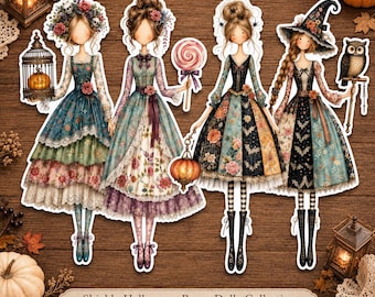 May include: A set of four illustrated paper dolls featuring characters in layered dresses with floral, bat, and pumpkin motifs. Accessories include a birdcage, a lollipop, a lantern, and an owl. The text reads Shields Halloween Paper Dolls Collection.