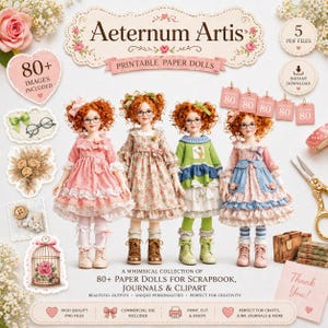 Pode incluir: Um download digital com bonecas de papel para imprimir. A imagem mostra quatro bonecas com cabelo ruivo encaracolado, óculos e vestidos vintage. O texto inclui "Aeternum Artis" e "Printable Paper Dolls", com 80+ imagens e arquivos PDF.