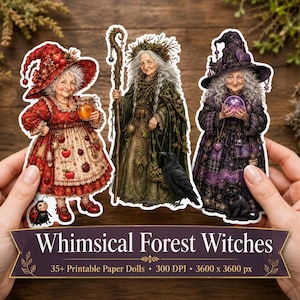 May include: Three paper dolls depicting elderly figures in witch attire. One wears a red apple-patterned dress with a matching hat, one a green forest cloak with a staff and raven, and one a purple gown with a crystal ball and black cat.