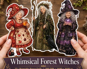 May include: Three paper dolls depicting elderly figures in witch attire. One wears a red apple-patterned dress with a matching hat, one a green forest cloak with a staff and raven, and one a purple gown with a crystal ball and black cat.