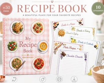 Embroidered Recipe Book Printable PDF, Recipe Journal Binder, Kitchen Recipe Planner, Printable Recipe Pages, Recipe Organizer