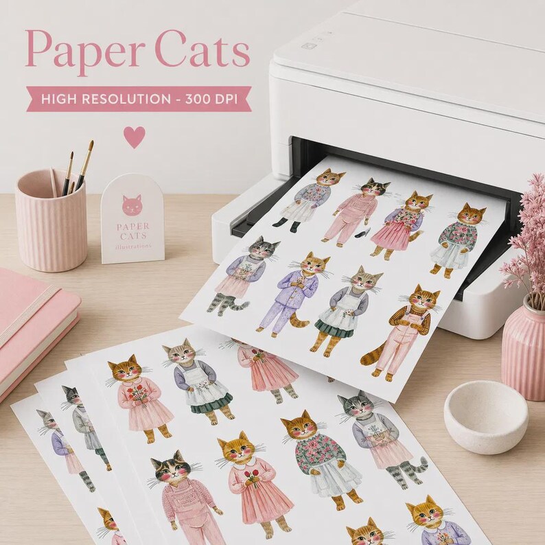 K&ouml;nnte beinhalten: Ein wei&szlig;er Drucker, der ein Blatt Papier mit mehreren Aquarellillustrationen von anthropomorphen Katzen in verschiedenen Outfits einzieht. Der Text Paper Cats und HIGH RESOLUTION - 300 DPI ist &uuml;ber dem Drucker zu sehen.