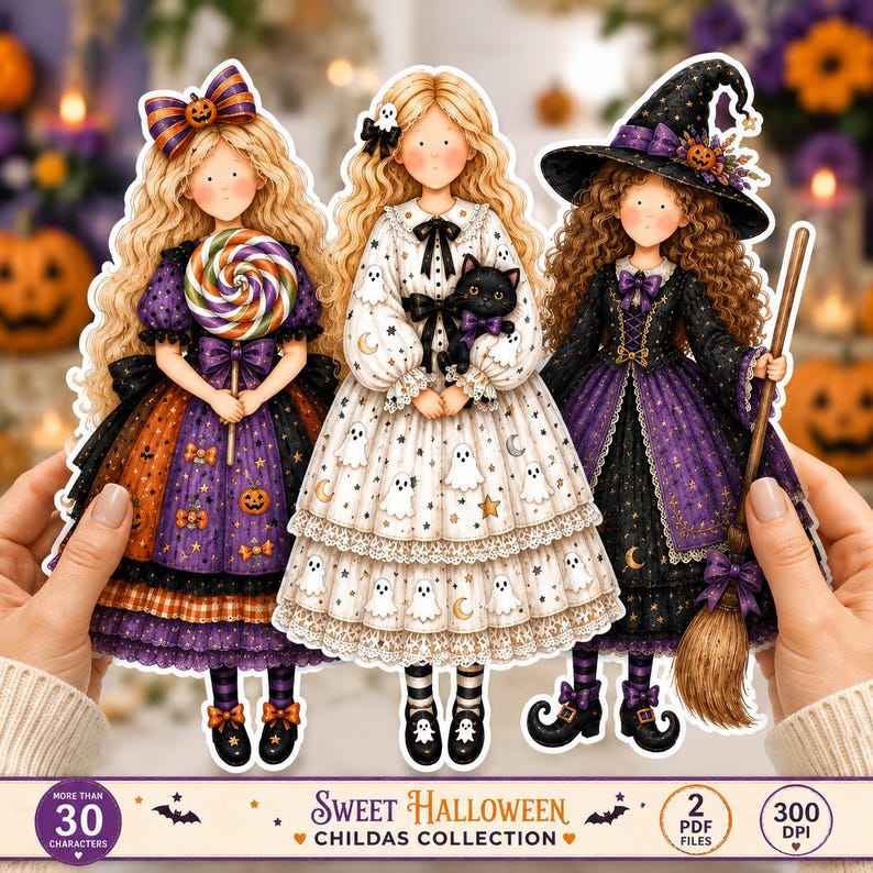 Halloween Printable Paper Doll Childas Clipart Collection, Whimsical Witch Doll Characters, 300 DPI Digital PDF, Halloween image 3