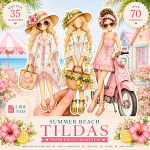 Puede incluir: Una colección de muñecas de papel digitales con tres personajes ilustrados en ropa de playa de verano, incluyendo sombreros de paja, vestidos florales y un scooter rosa. El set incluye más de 35 personajes, 70 componentes y 2 archivos PDF con el texto Summer Beach Tildas Paper Dolls Collection.