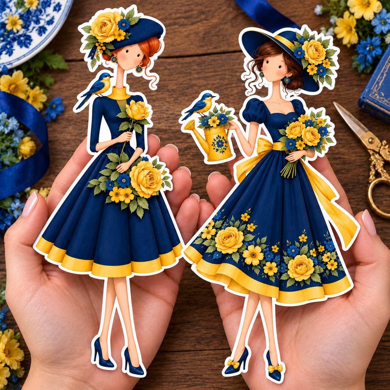 Blue & Yellow Garden Ladies Paper Dolls, 20 Floral Characters, PNG JPG ...