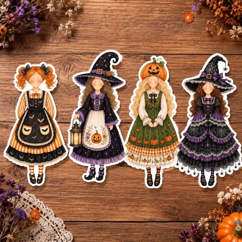 May include: Four die-cut stickers of characters in Halloween-themed outfits. One has orange pigtails, one wears a witch hat with a lantern, one has a pumpkin head, and one wears a black witch hat with spiderwebs, all featuring detailed dresses.