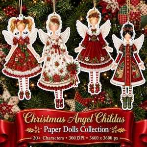 Christmas Angel Childas Paper Dolls, 20+ Printable Christmas Angels, Digital Download for Junk Journals and Scrapbooking