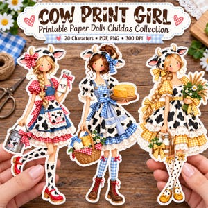 Pode incluir: Uma coleção digital de bonecas de papel imprimíveis intitulada COW PRINT GIRL Printable Paper Dolls Childas Collection, com 20 personagens em formatos PDF e PNG a 300 DPI. Três bonecas ilustradas vestem roupas com estampa de vaca.