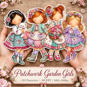 Puede incluir: Cuatro muñecas de papel ilustradas etiquetadas como Patchwork Garden Girls, cada una con vestidos florales con encaje y cintas. Una sostiene un gatito blanco, otra una cesta de flores. El texto Patchwork Garden Girls, +20 Characters, 300 DPI, 3600 x 3600px es visible en un letrero decorativo debajo de las figuras.