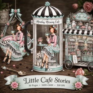 Puede incluir: Una colección de arte digital titulada Little Café Stories con ilustraciones de una persona con un conjunto rosa y azul bebiendo café, un carrito de café, una silla colgante y una cuchara, con el texto Monday Morning Café y Little Café Stories.