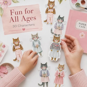 K&ouml;nnte beinhalten: Ein Set aus Papier-Katzen-Ausschnitten mit verschiedenen bekleideten Katzenfiguren, begleitet von einem rosa Buch mit der Aufschrift Paper Cats und einem Schild mit der Aufschrift Fun for All Ages 30 Characters. Die Katzen sind mit floralen Details illustriert.