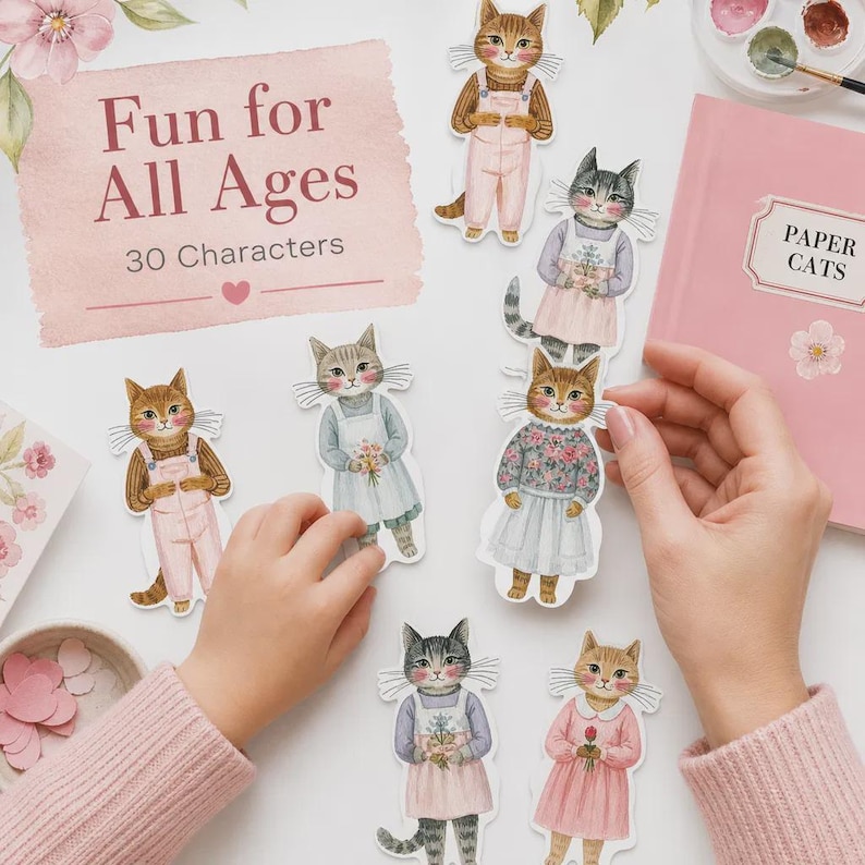 K&ouml;nnte beinhalten: Ein Set aus Papier-Katzen-Ausschnitten mit verschiedenen bekleideten Katzenfiguren, begleitet von einem rosa Buch mit der Aufschrift Paper Cats und einem Schild mit der Aufschrift Fun for All Ages 30 Characters. Die Katzen sind mit floralen Details illustriert.