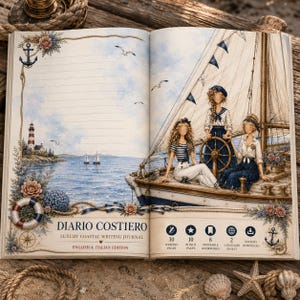 May include: An open journal titled DIARIO COSTIERO LUXURY COASTAL WRITING JOURNAL. The left page features lined paper with a lighthouse, anchor, and lifebuoy illustration. The right page shows three figures on a sailboat. Text includes 30 writing pages, 10 bonus pages, 8 printable bookmarks, 2 languages, and instant download.