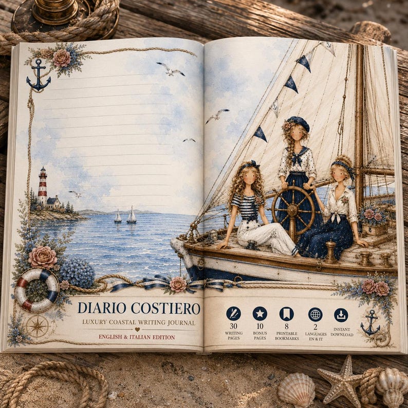 May include: An open journal titled DIARIO COSTIERO LUXURY COASTAL WRITING JOURNAL. The left page features lined paper with a lighthouse, anchor, and lifebuoy illustration. The right page shows three figures on a sailboat. Text includes 30 writing pages, 10 bonus pages, 8 printable bookmarks, 2 languages, and instant download.